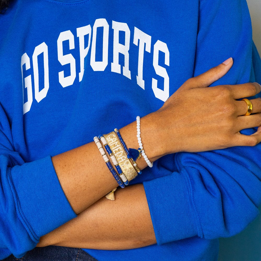 Game Day Crystal Stretch Bracelet With Tassel Blue + White Wholesale