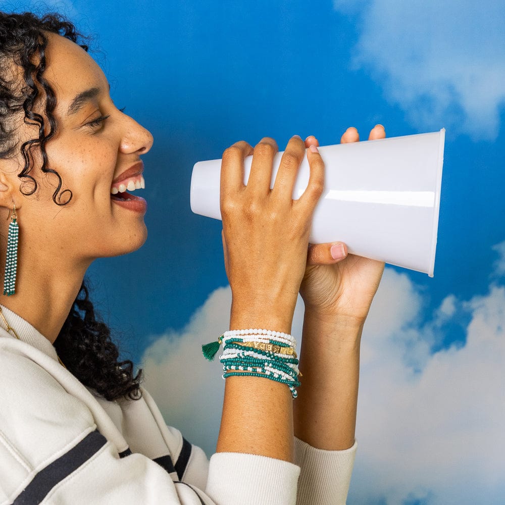 Game Day Crystal Stretch Bracelet With Tassel Green + White Wholesale