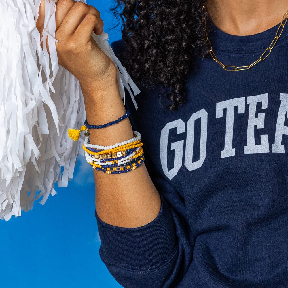 Game Day Crystal Stretch Bracelet With Tassel Yellow + Blue Wholesale