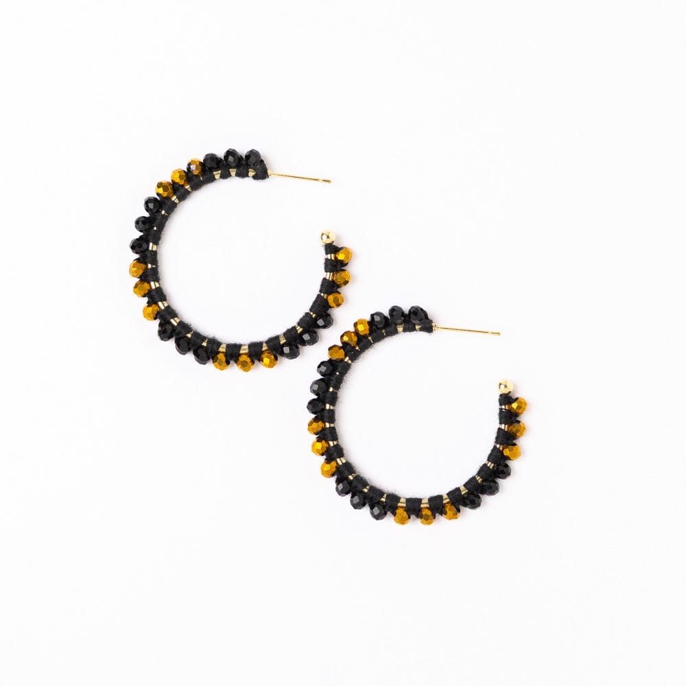Game Day Crystal Threaded Beads Hoop Earrings Black + Gold Wholesale