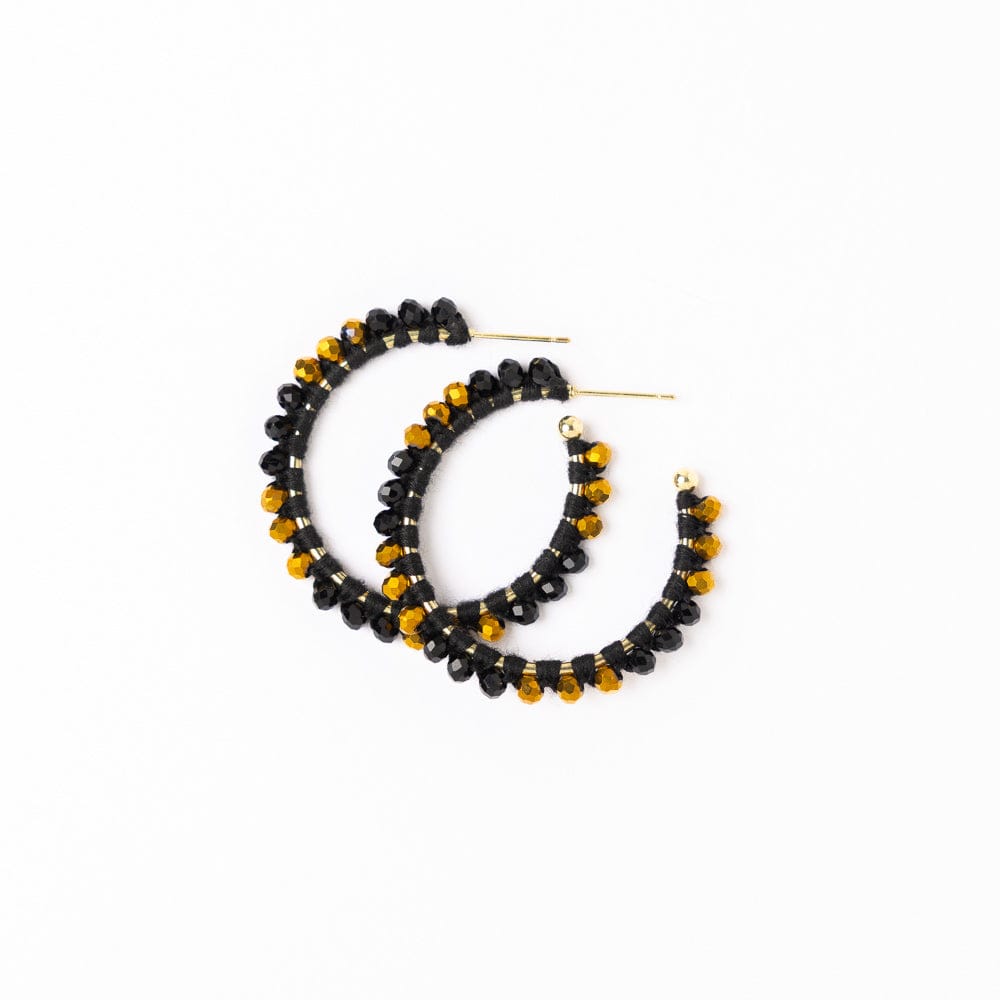 Game Day Crystal Threaded Beads Hoop Earrings Black + Gold Wholesale