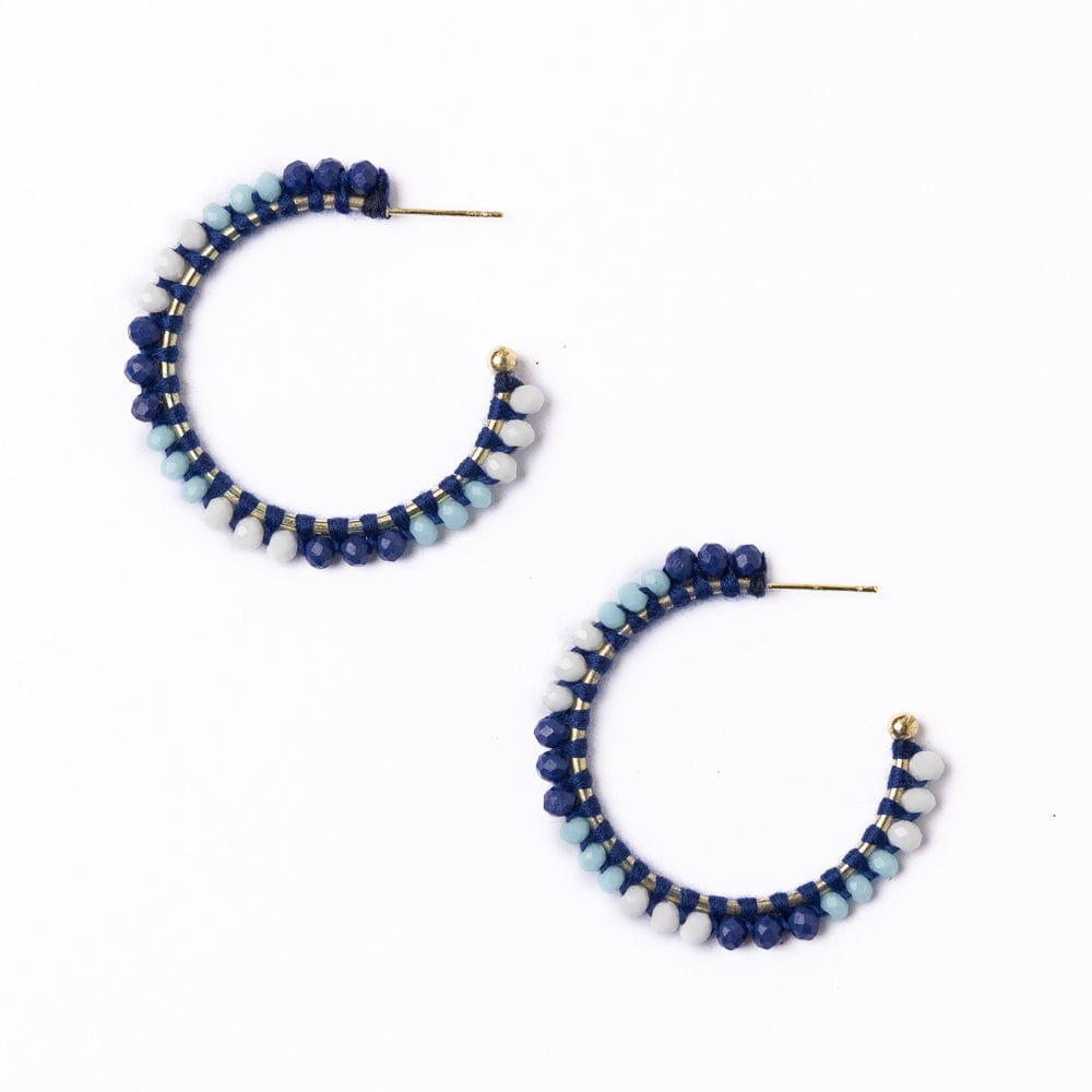Game Day Crystal Threaded Beads Hoop Earrings Navy, Blue, + White Wholesale