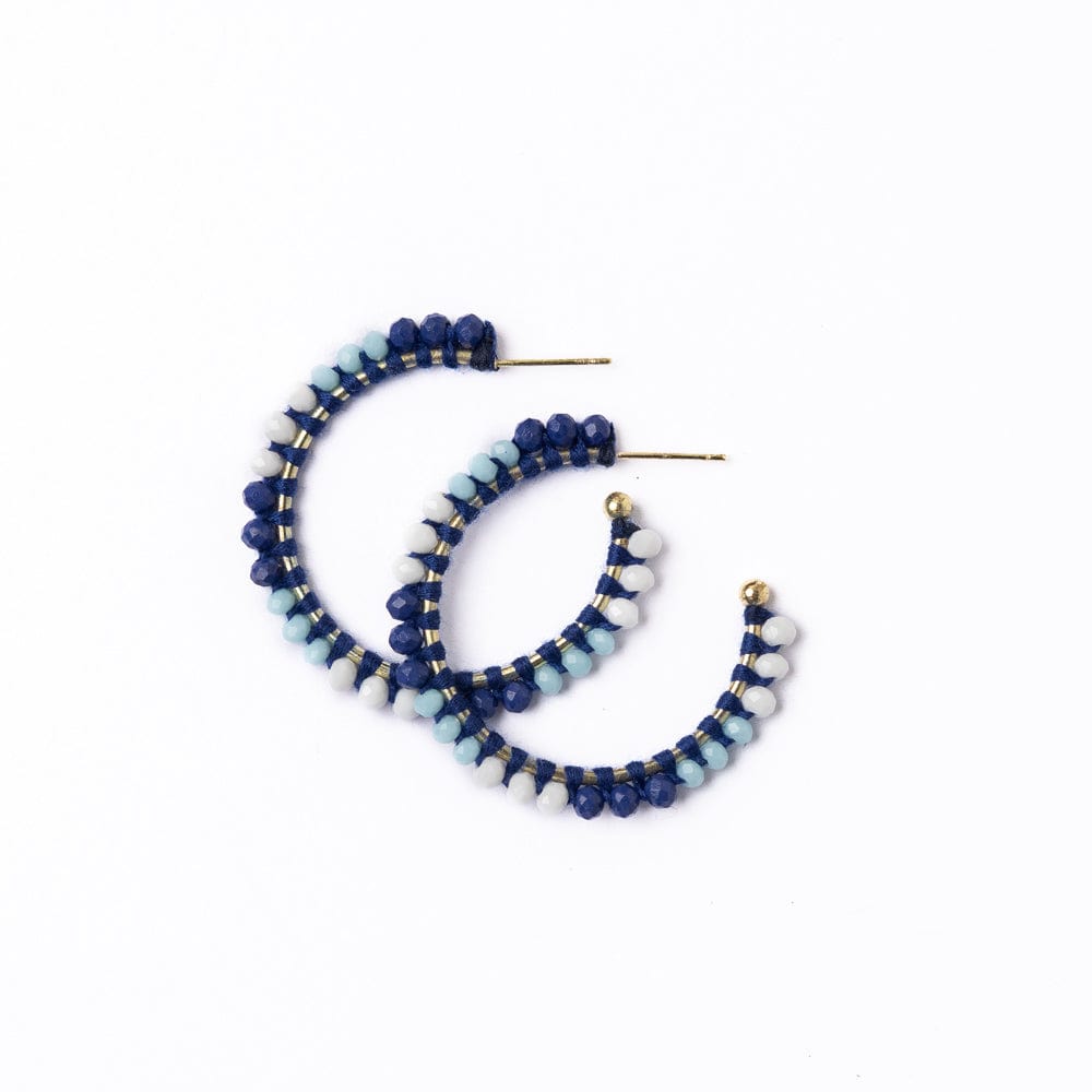 Game Day Crystal Threaded Beads Hoop Earrings Navy, Blue, + White Wholesale