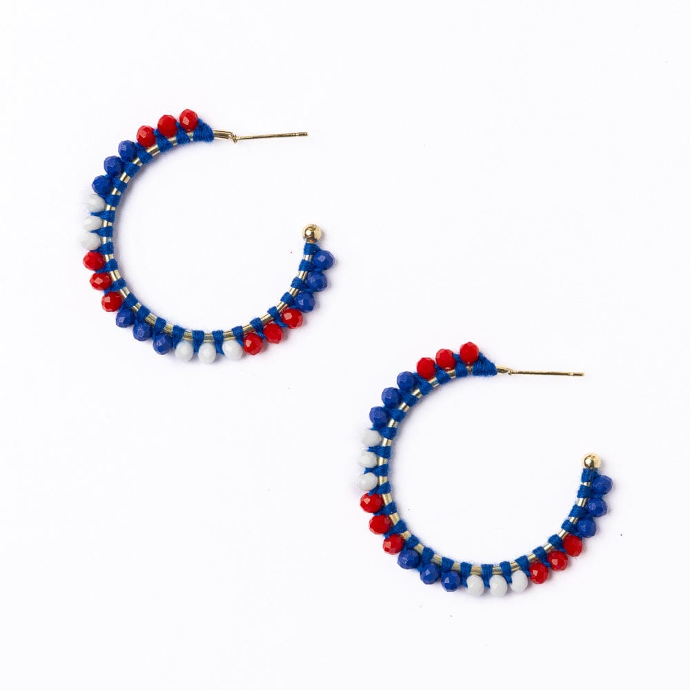 Game Day Crystal Threaded Beads Hoop Earrings Blue + Crimson Wholesale