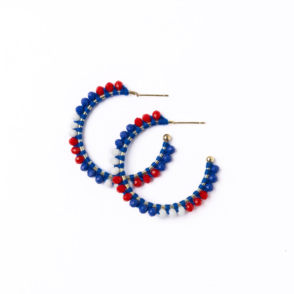 Game Day Crystal Threaded Beads Hoop Earrings Blue + Crimson Wholesale