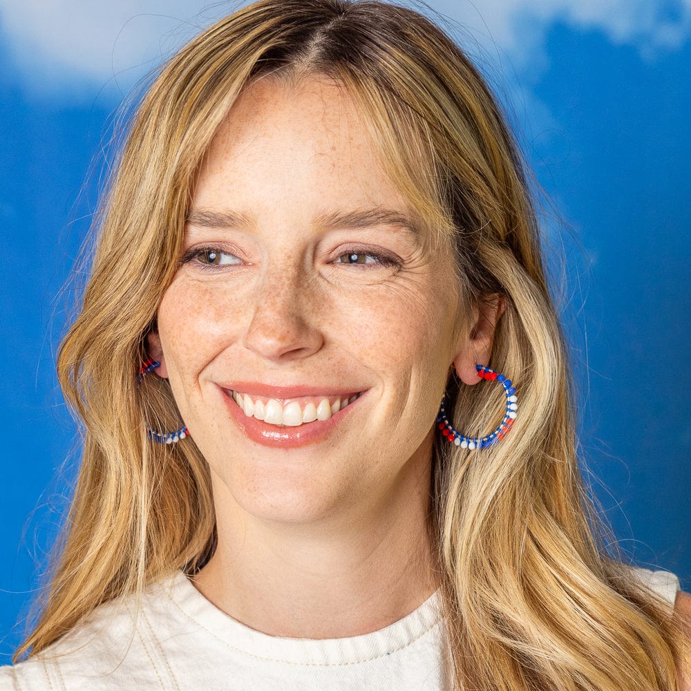 Game Day Crystal Threaded Beads Hoop Earrings Blue + Crimson Wholesale