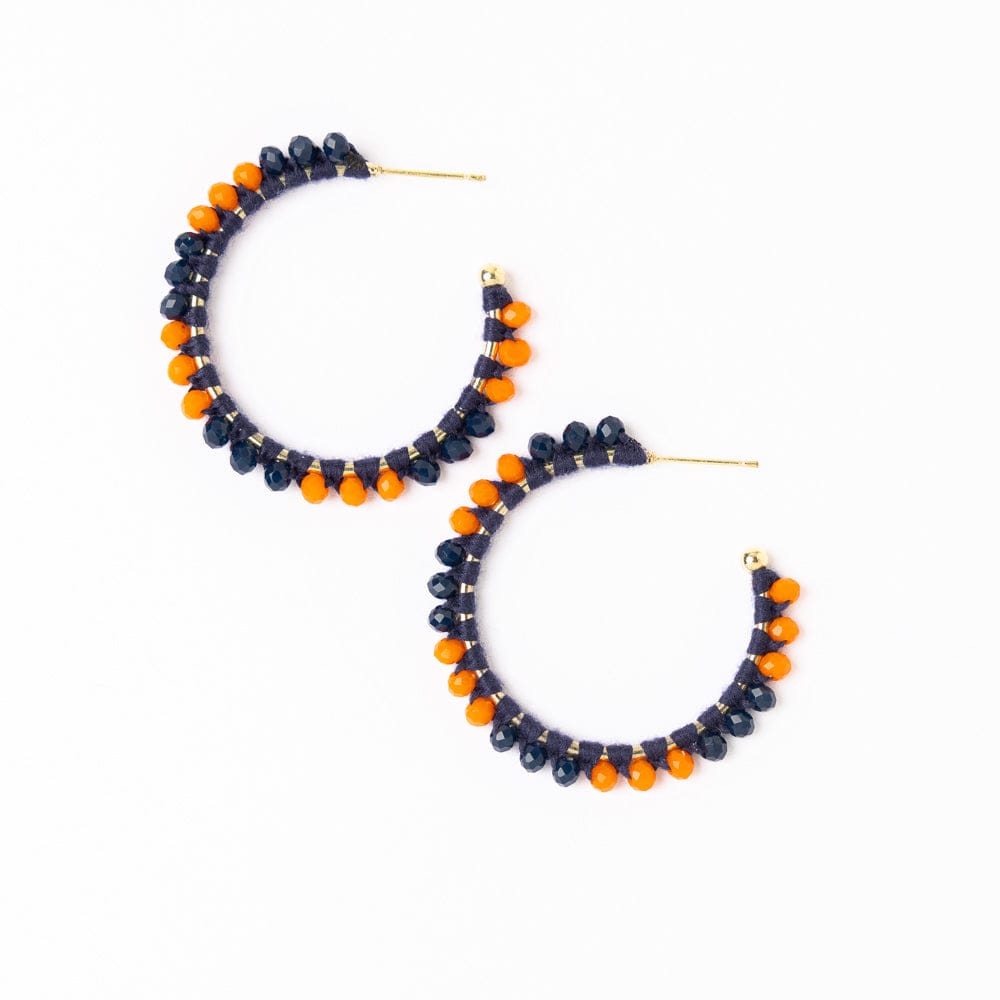 Game Day Crystal Threaded Beads Hoop Earrings Navy + Orange Wholesale