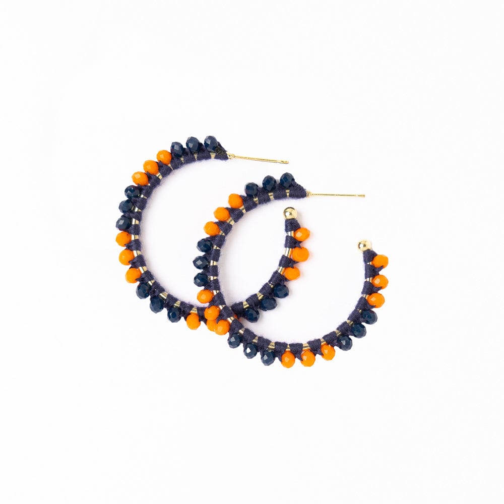 Game Day Crystal Threaded Beads Hoop Earrings Navy + Orange Wholesale