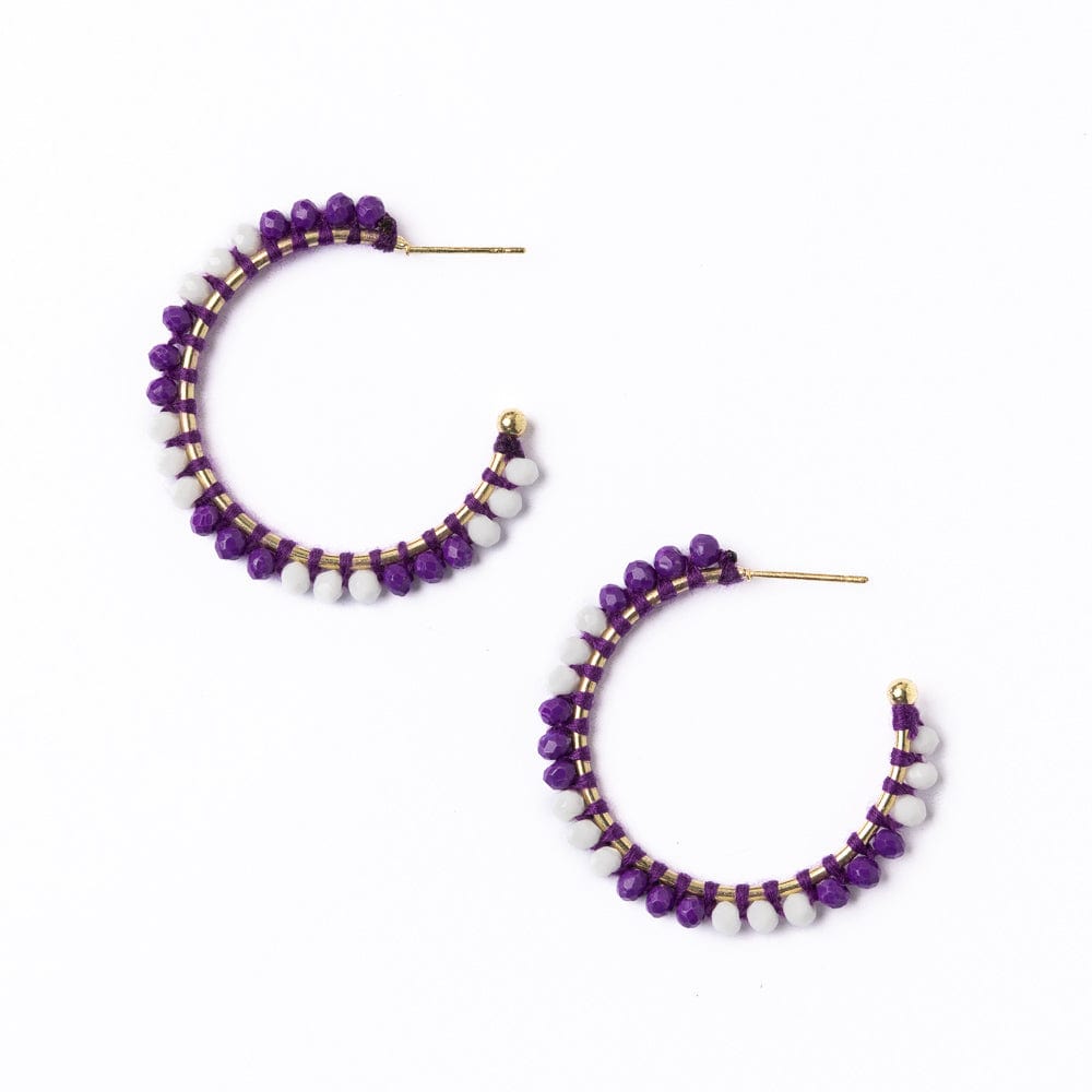 Game Day Crystal Threaded Beads Hoop Earrings Purple + White Wholesale