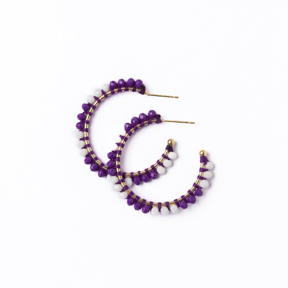 Game Day Crystal Threaded Beads Hoop Earrings Purple + White Wholesale