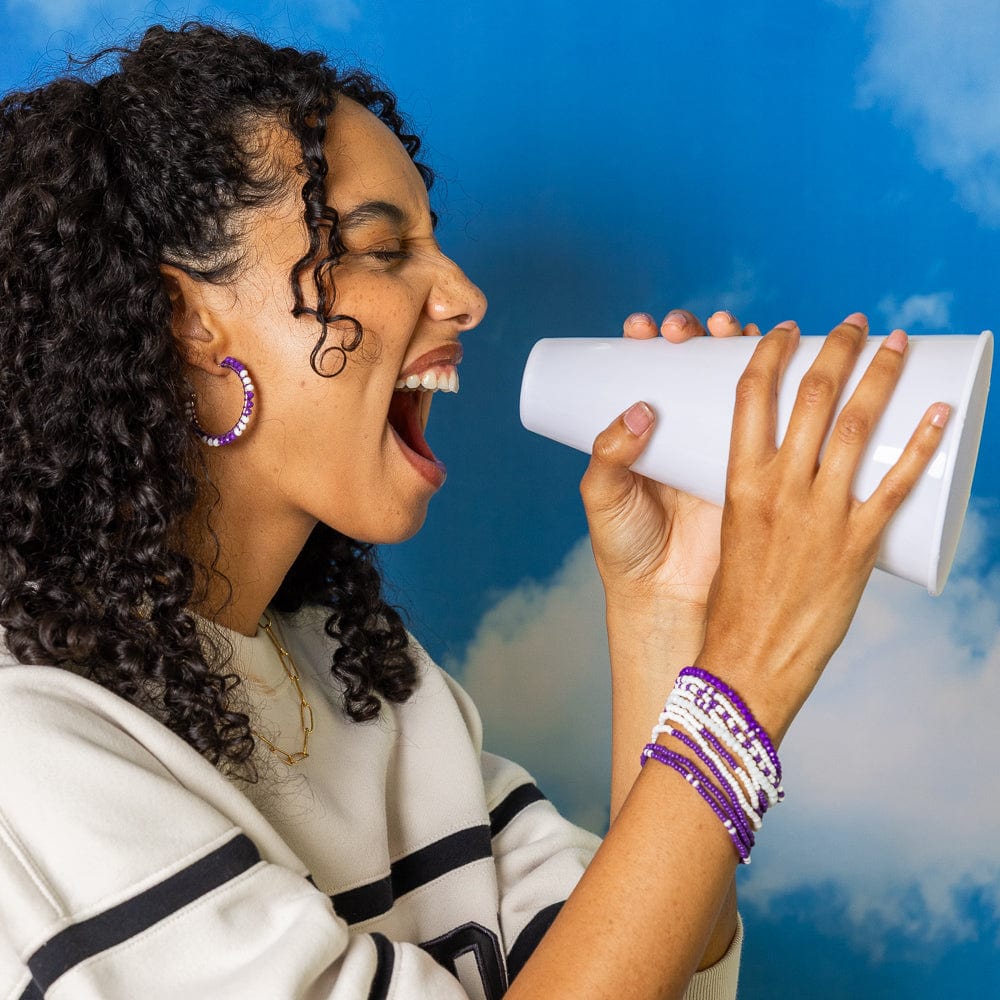Game Day Crystal Threaded Beads Hoop Earrings Purple + White Wholesale