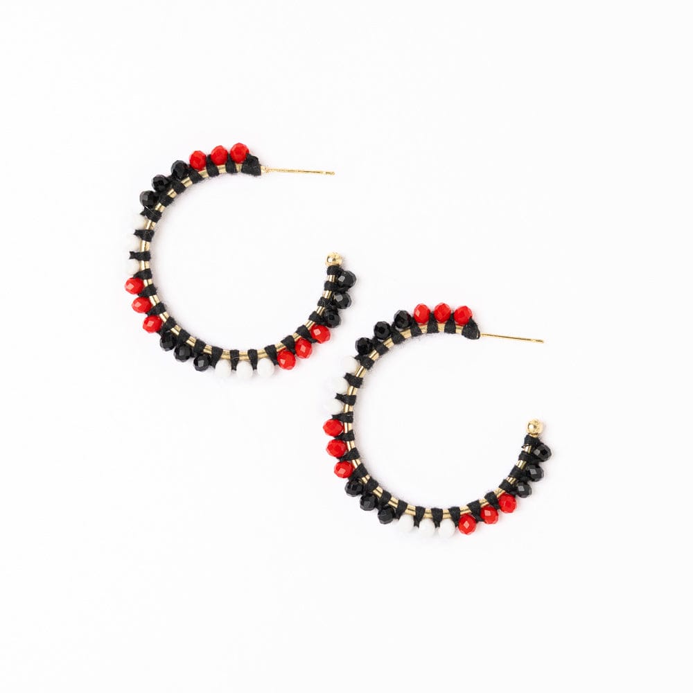 Game Day Crystal Threaded Beads Hoop Earrings Red + Black Wholesale