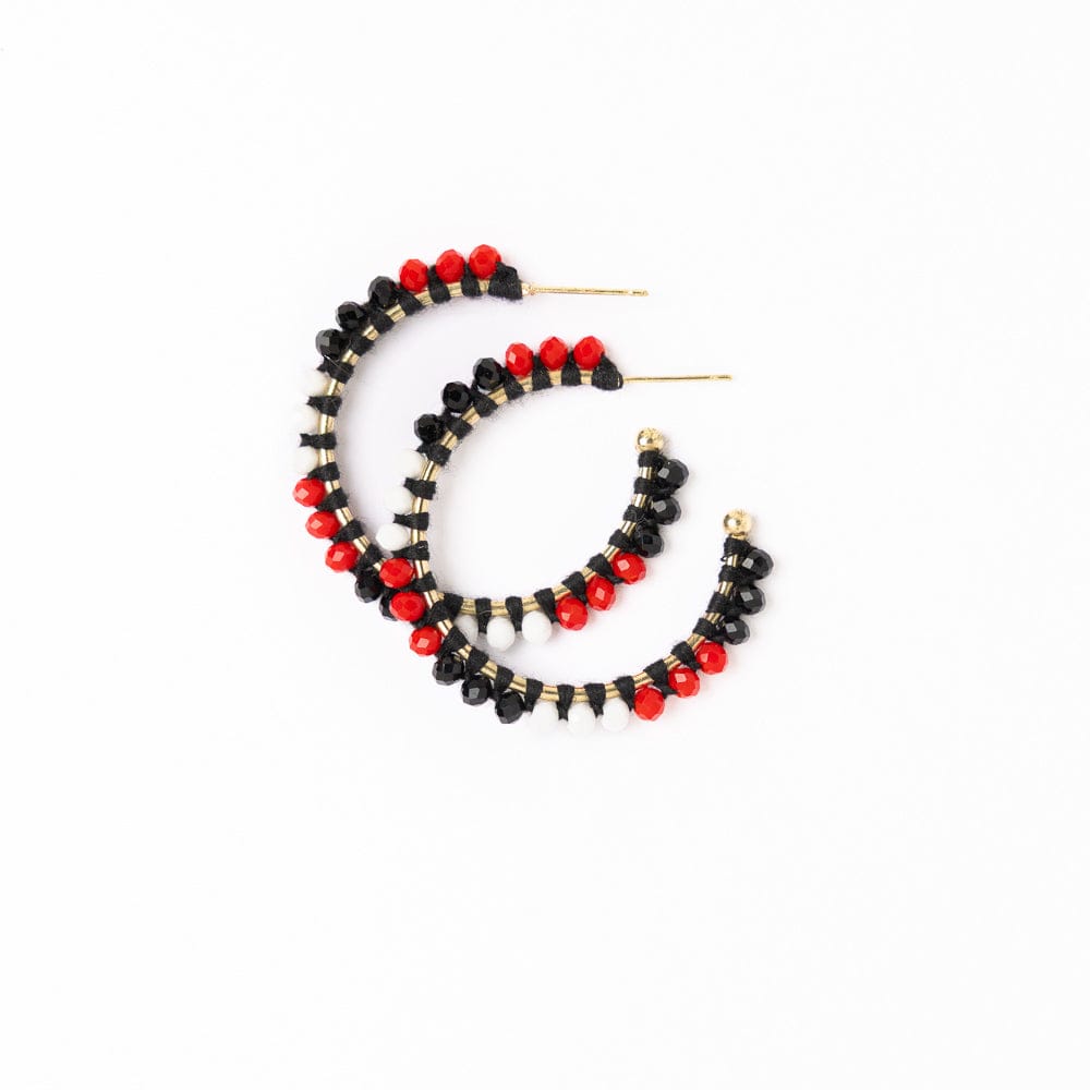 Game Day Crystal Threaded Beads Hoop Earrings Red + Black Wholesale