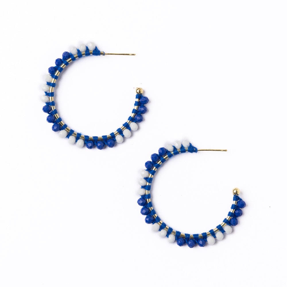 Game Day Crystal Threaded Beads Hoop Earrings Blue + White Wholesale