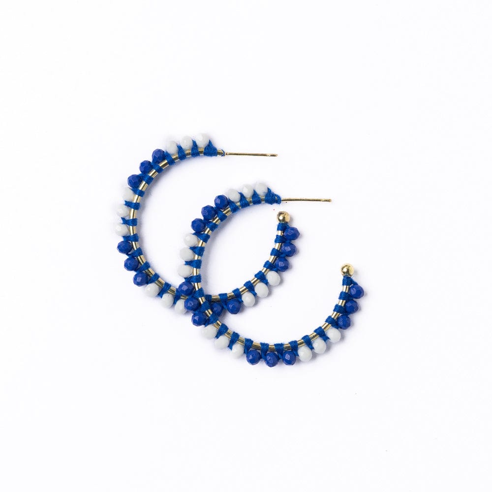 Game Day Crystal Threaded Beads Hoop Earrings Blue + White Wholesale