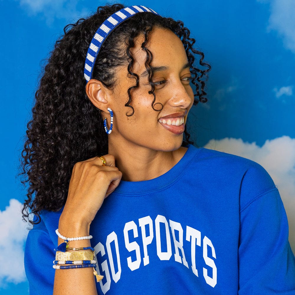Game Day Crystal Threaded Beads Hoop Earrings Blue + White Wholesale