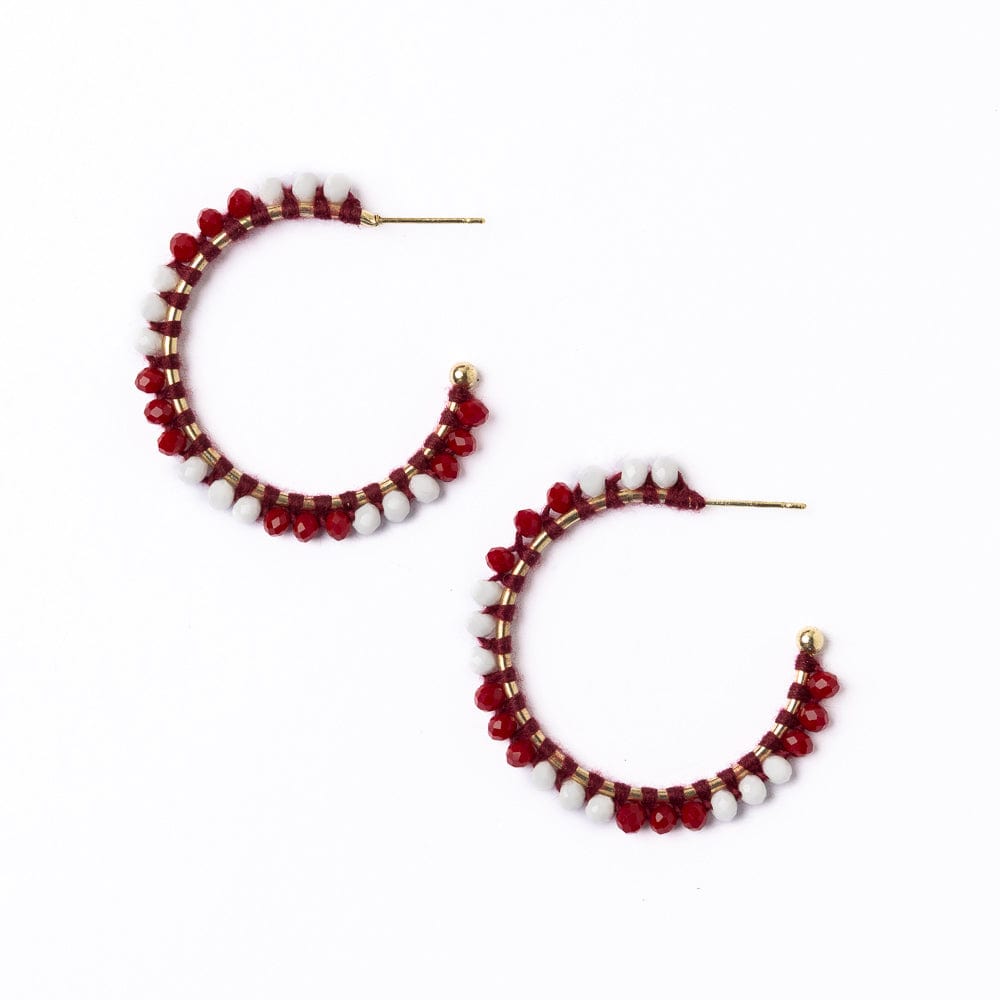 Game Day Crystal Threaded Beads Hoop Earrings Maroon + White Wholesale