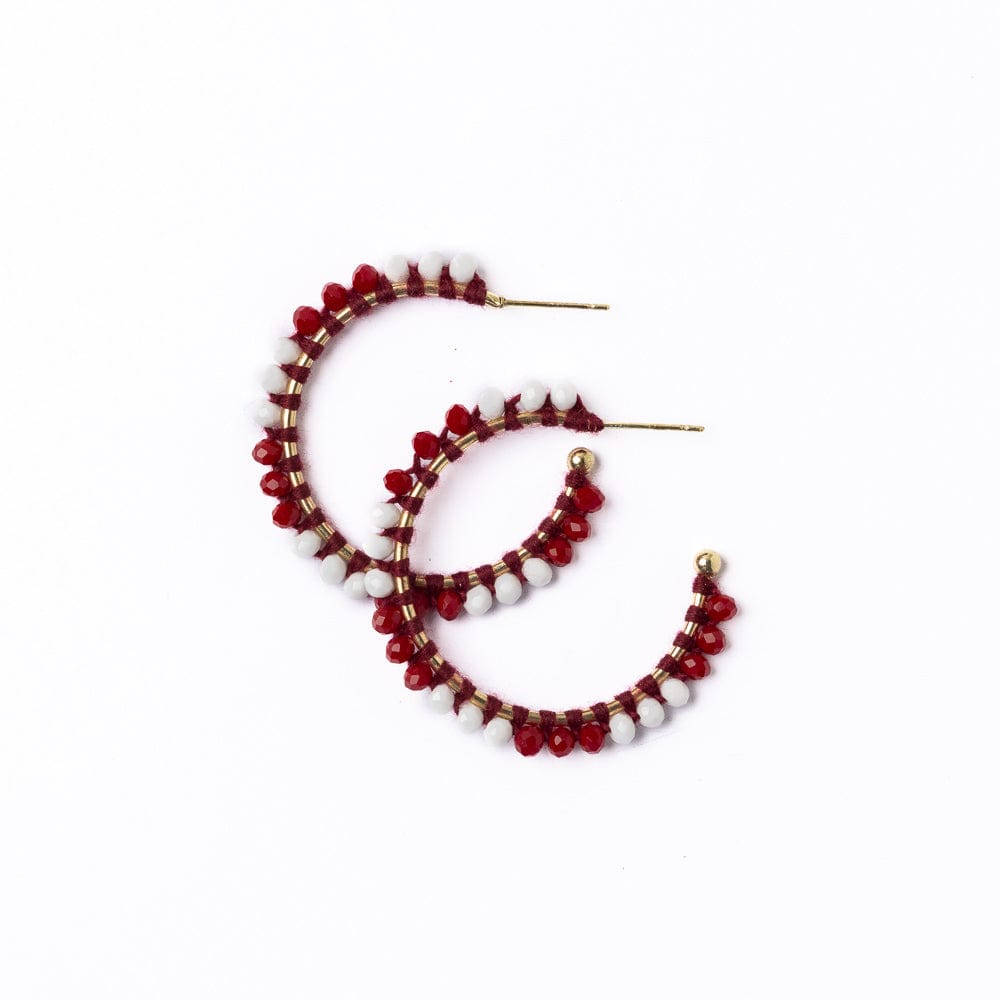 Game Day Crystal Threaded Beads Hoop Earrings Maroon + White Wholesale