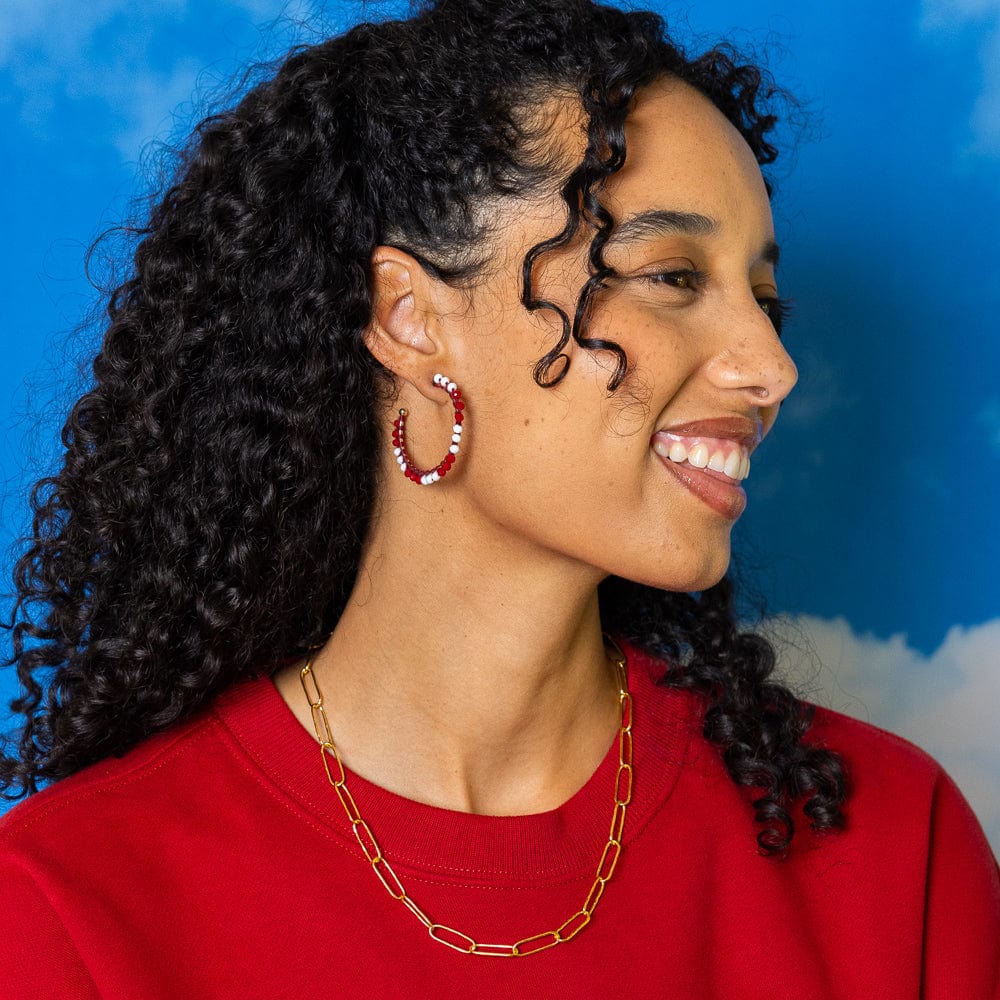 Game Day Crystal Threaded Beads Hoop Earrings Maroon + White Wholesale