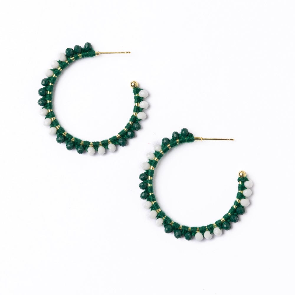 Game Day Crystal Threaded Beads Hoop Earrings Green + White Wholesale