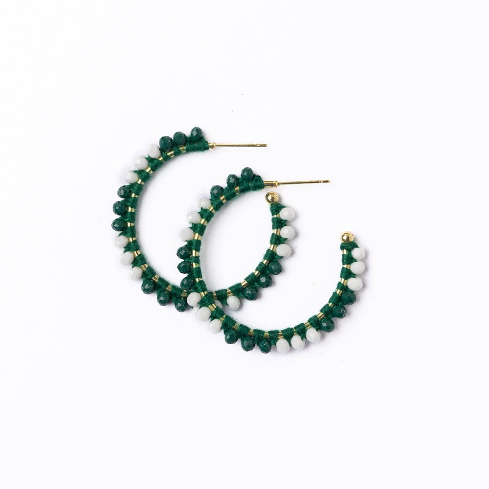 Game Day Crystal Threaded Beads Hoop Earrings Green + White Wholesale