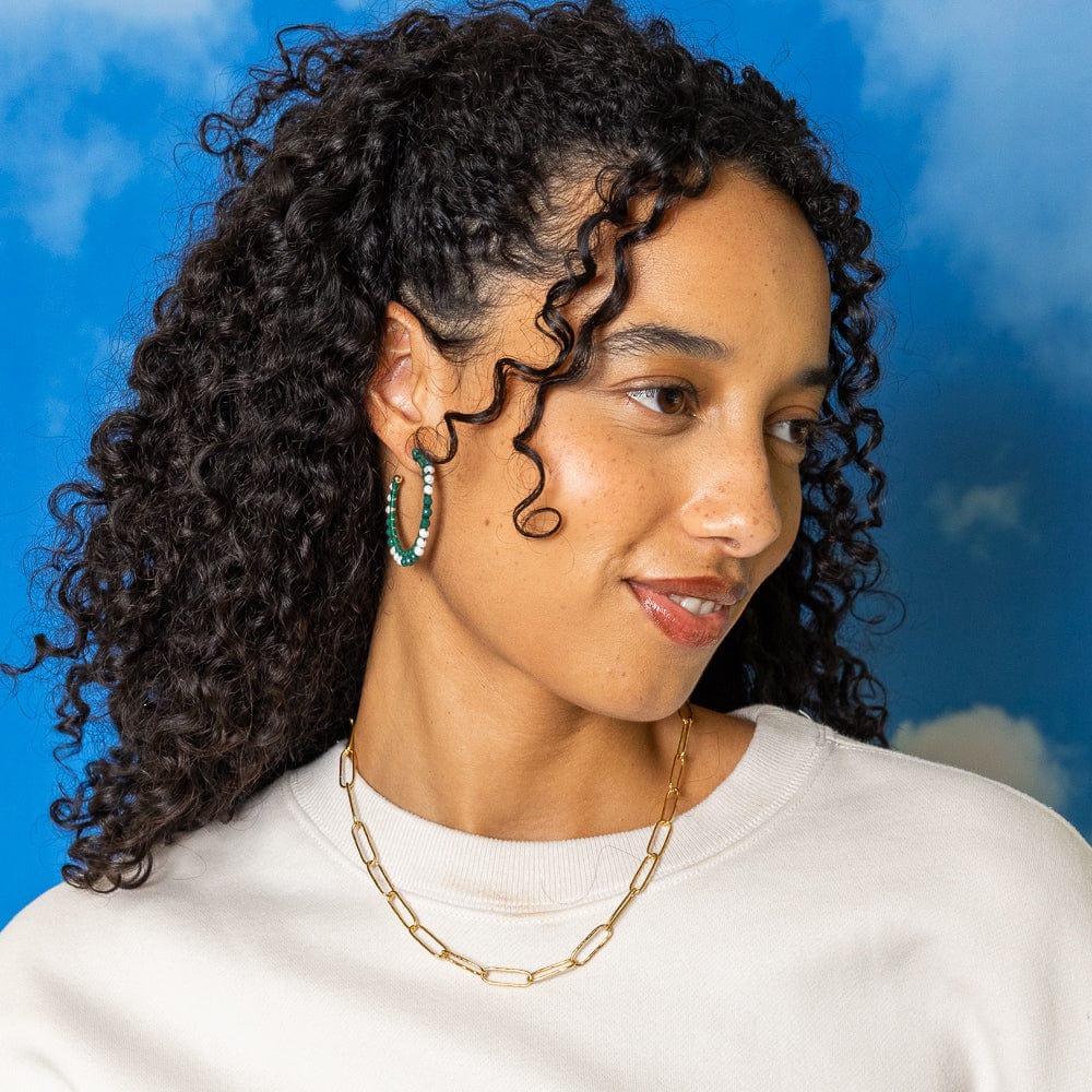 Game Day Crystal Threaded Beads Hoop Earrings Green + White Wholesale