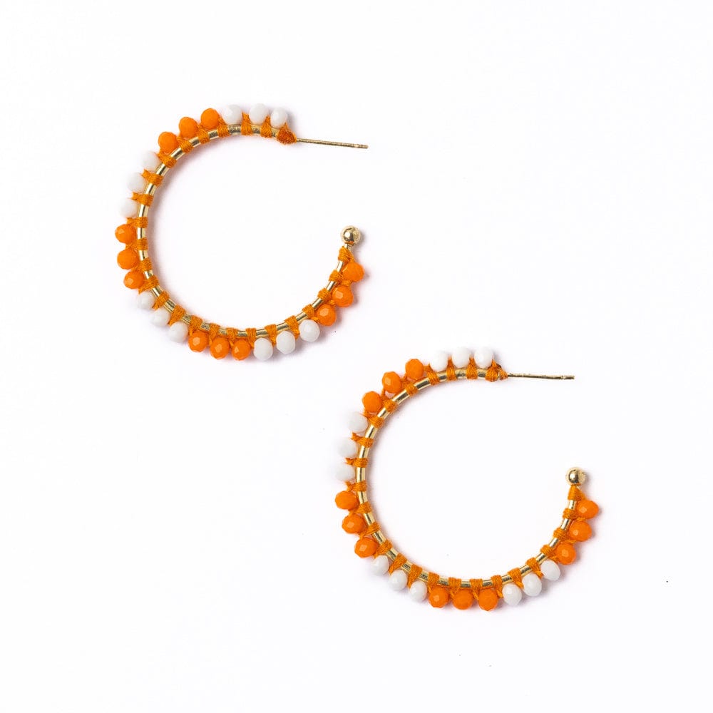 Game Day Crystal Threaded Beads Hoop Earrings Orange + White Wholesale