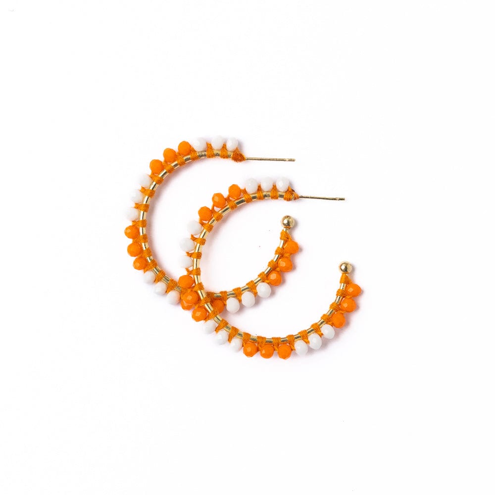Game Day Crystal Threaded Beads Hoop Earrings Orange + White Wholesale
