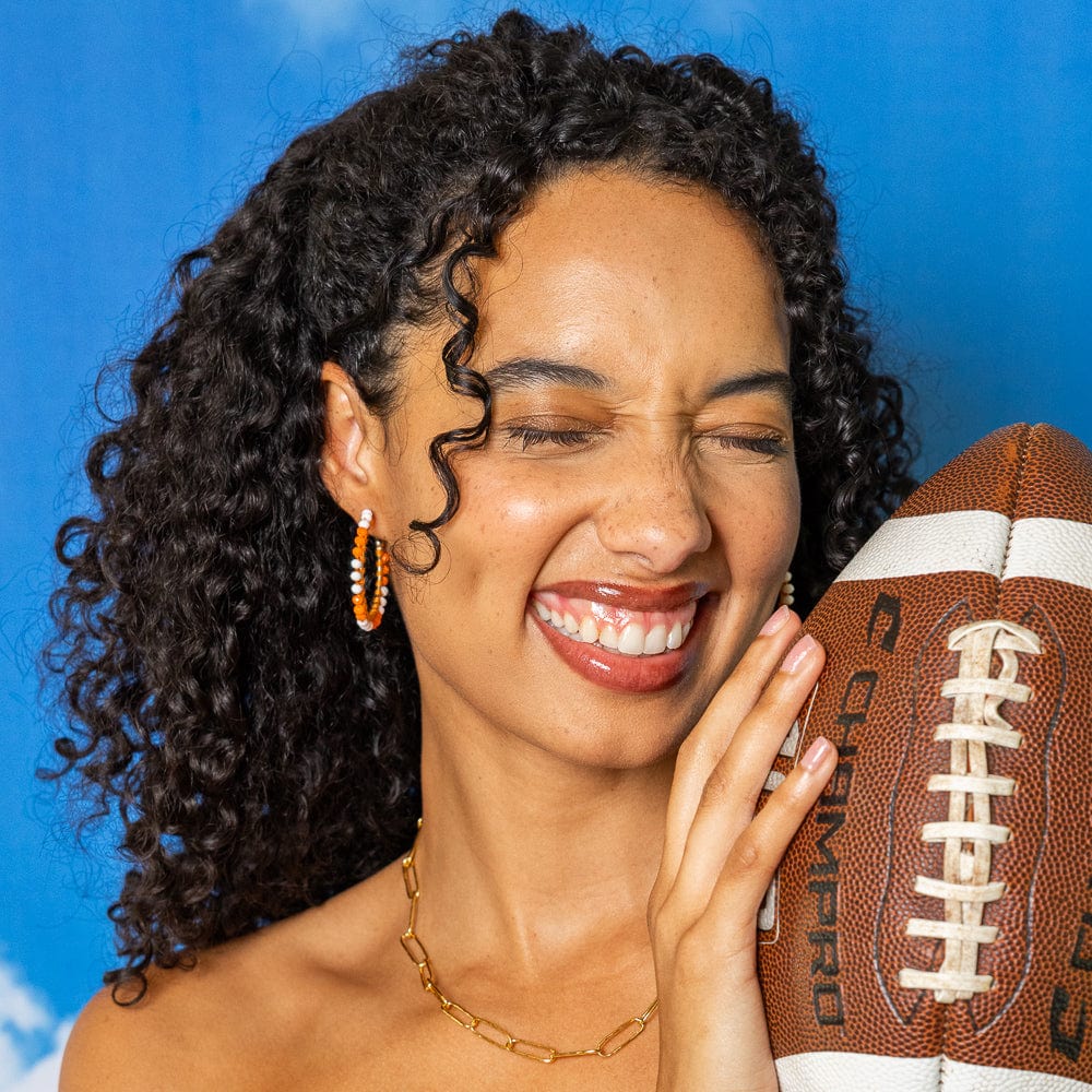 Game Day Crystal Threaded Beads Hoop Earrings Orange + White Wholesale