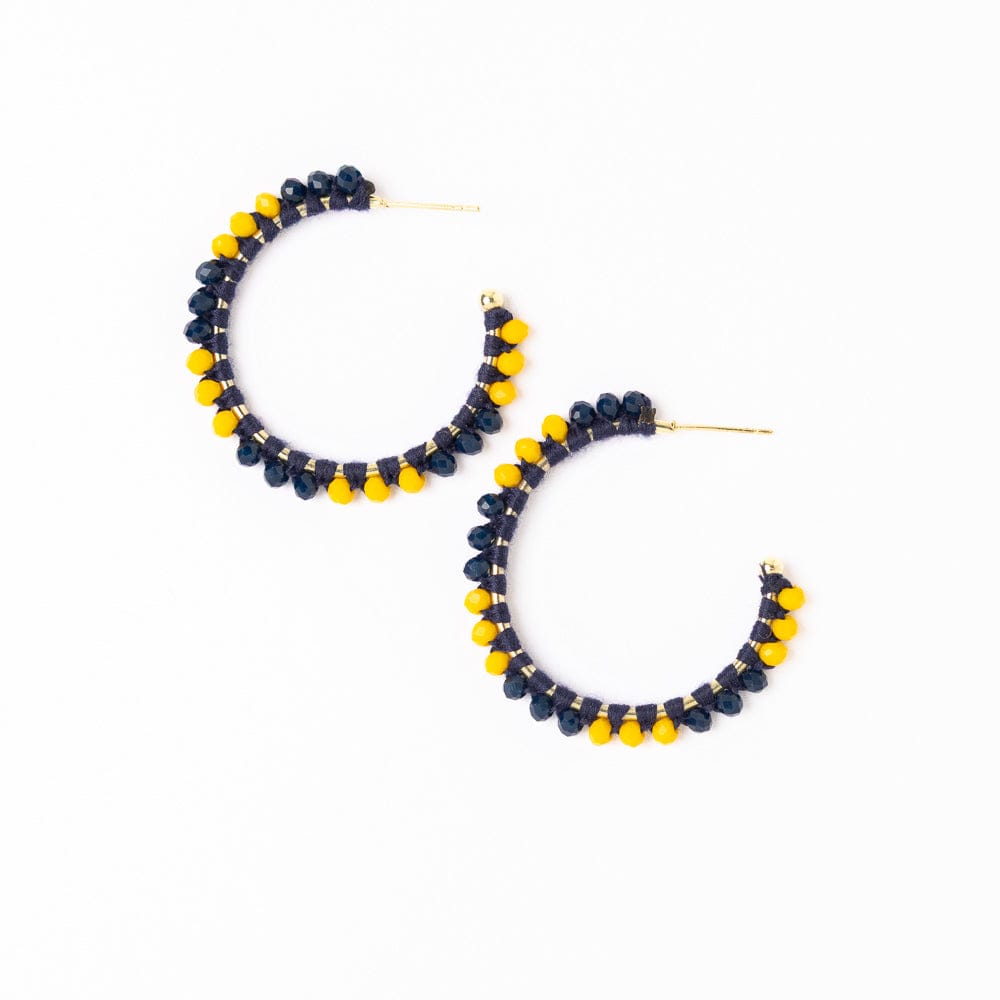 Game Day Crystal Threaded Beads Hoop Earrings Yellow + Blue Wholesale