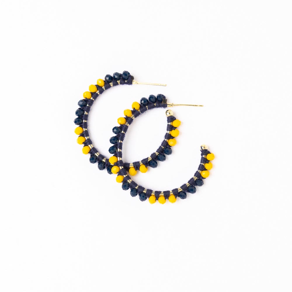 Game Day Crystal Threaded Beads Hoop Earrings Yellow + Blue Wholesale