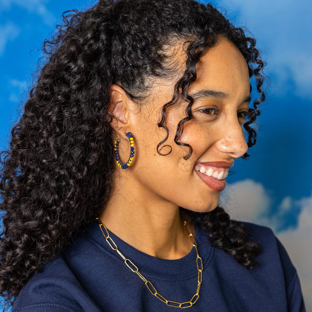 Game Day Crystal Threaded Beads Hoop Earrings Yellow + Blue Wholesale