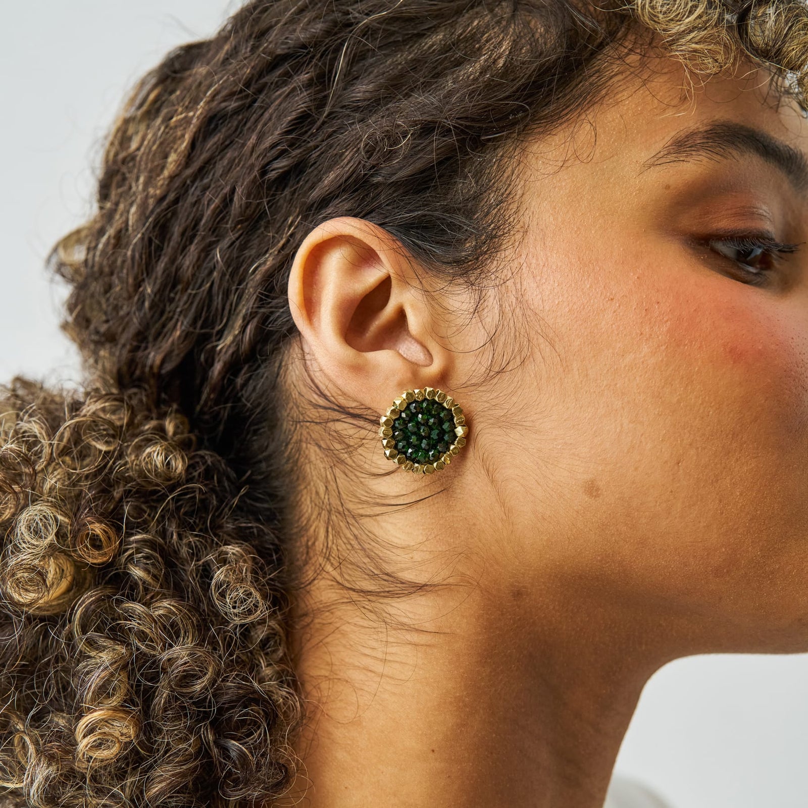 Johannah Crystal + Brass Bead Post Earrings Emerald