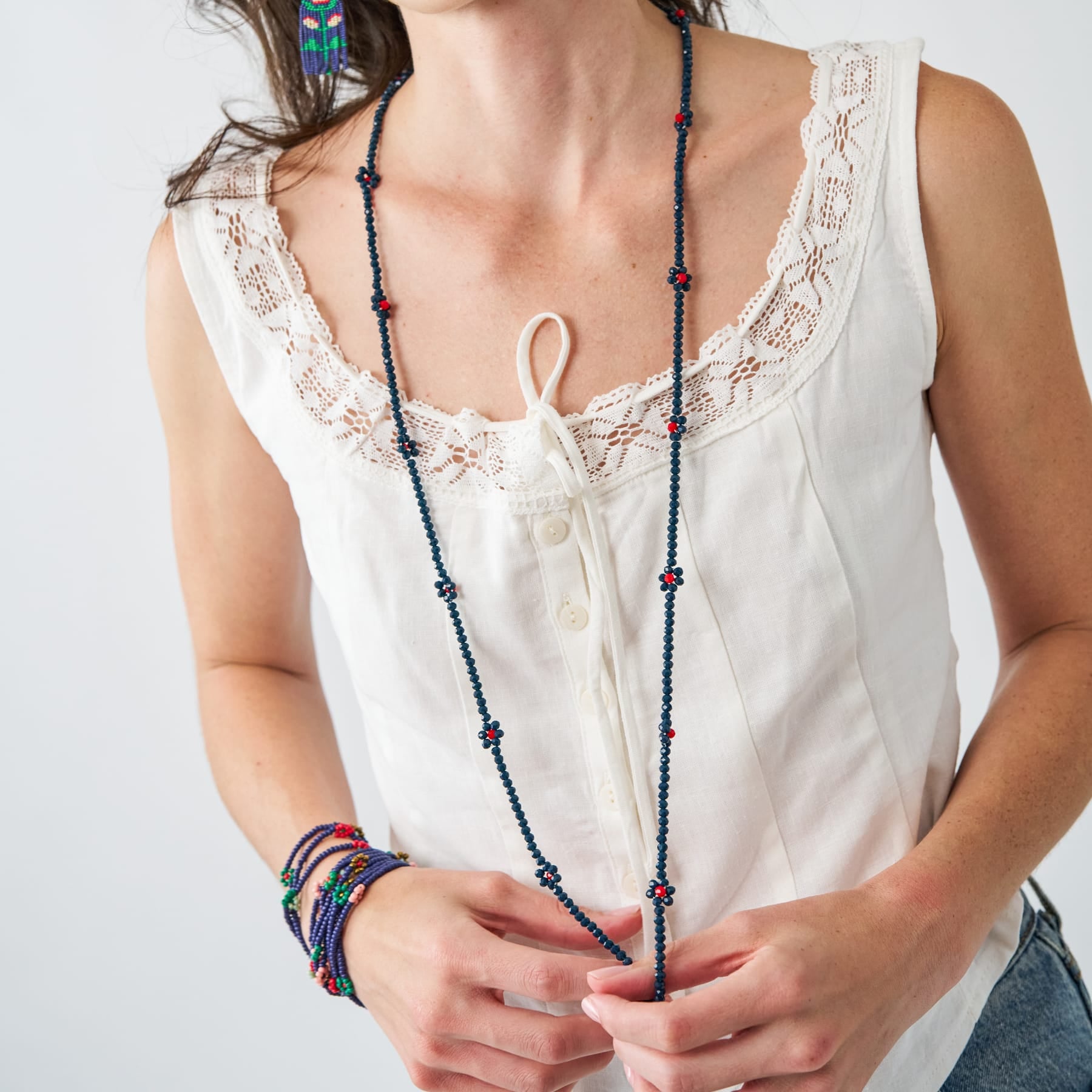 Andie Crystal Beaded Flower Necklace Navy