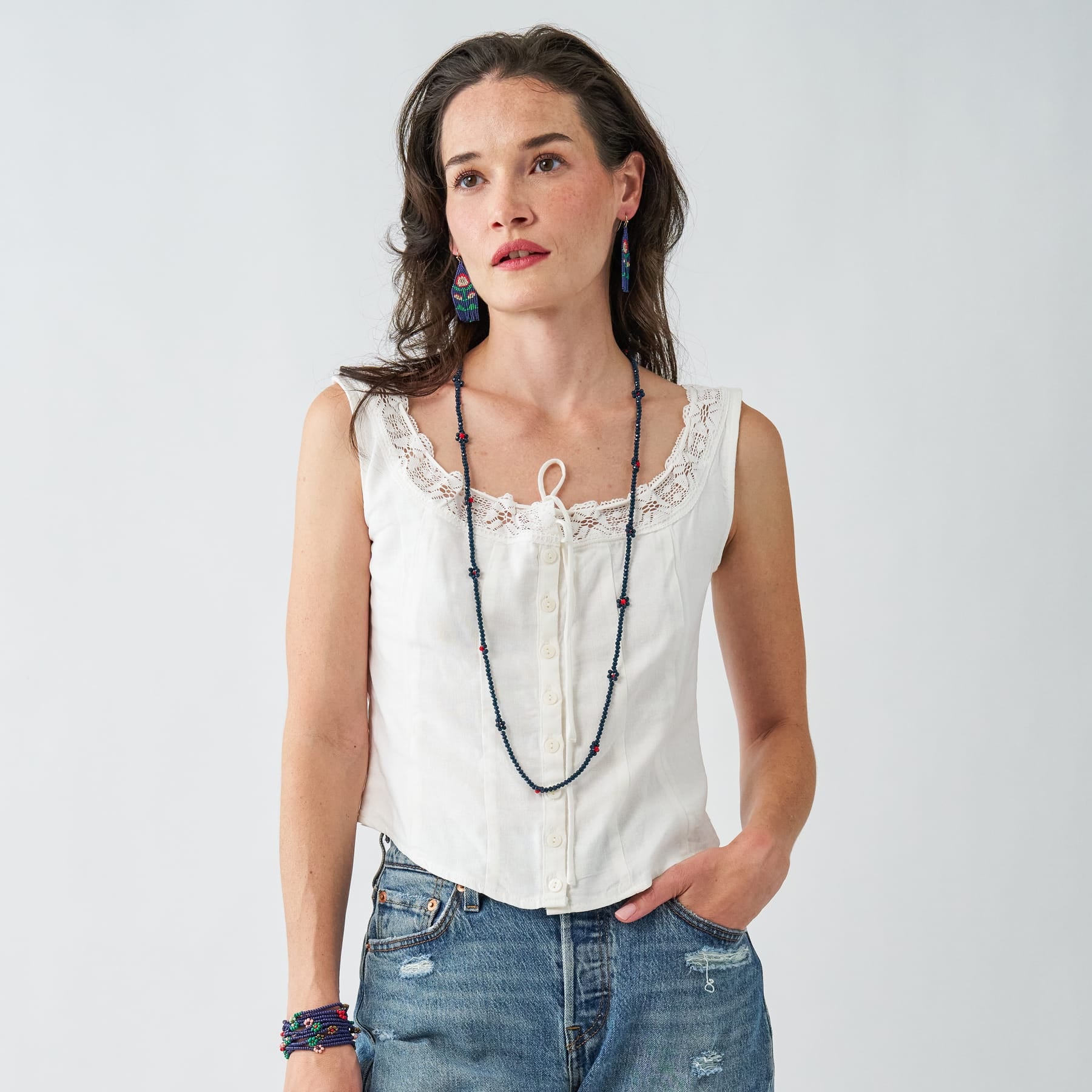 Andie Crystal Beaded Flower Necklace Navy