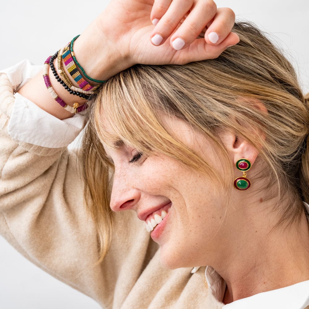 Betty Semi-Precious Mixed Stone And Enamel Drop Earrings Magenta + Green Wholesale