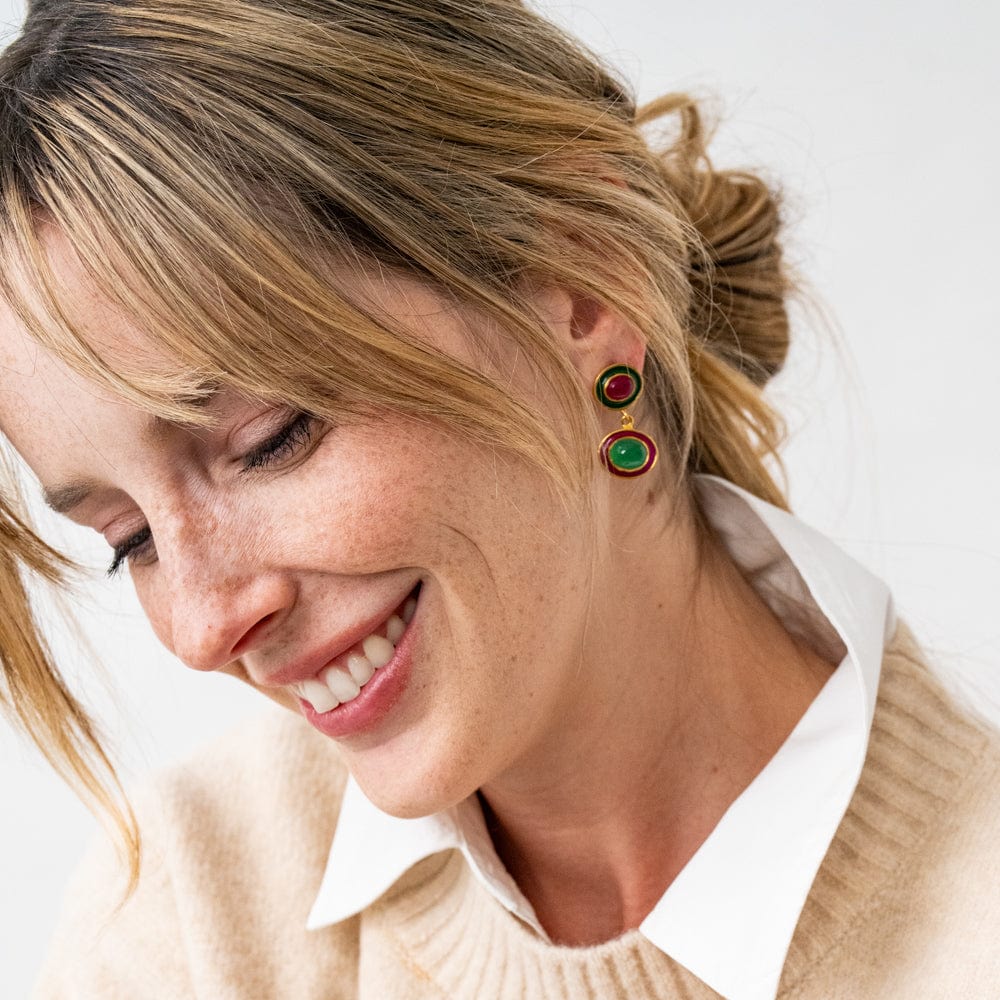 Betty Semi-Precious Mixed Stone And Enamel Drop Earrings Magenta + Green Wholesale