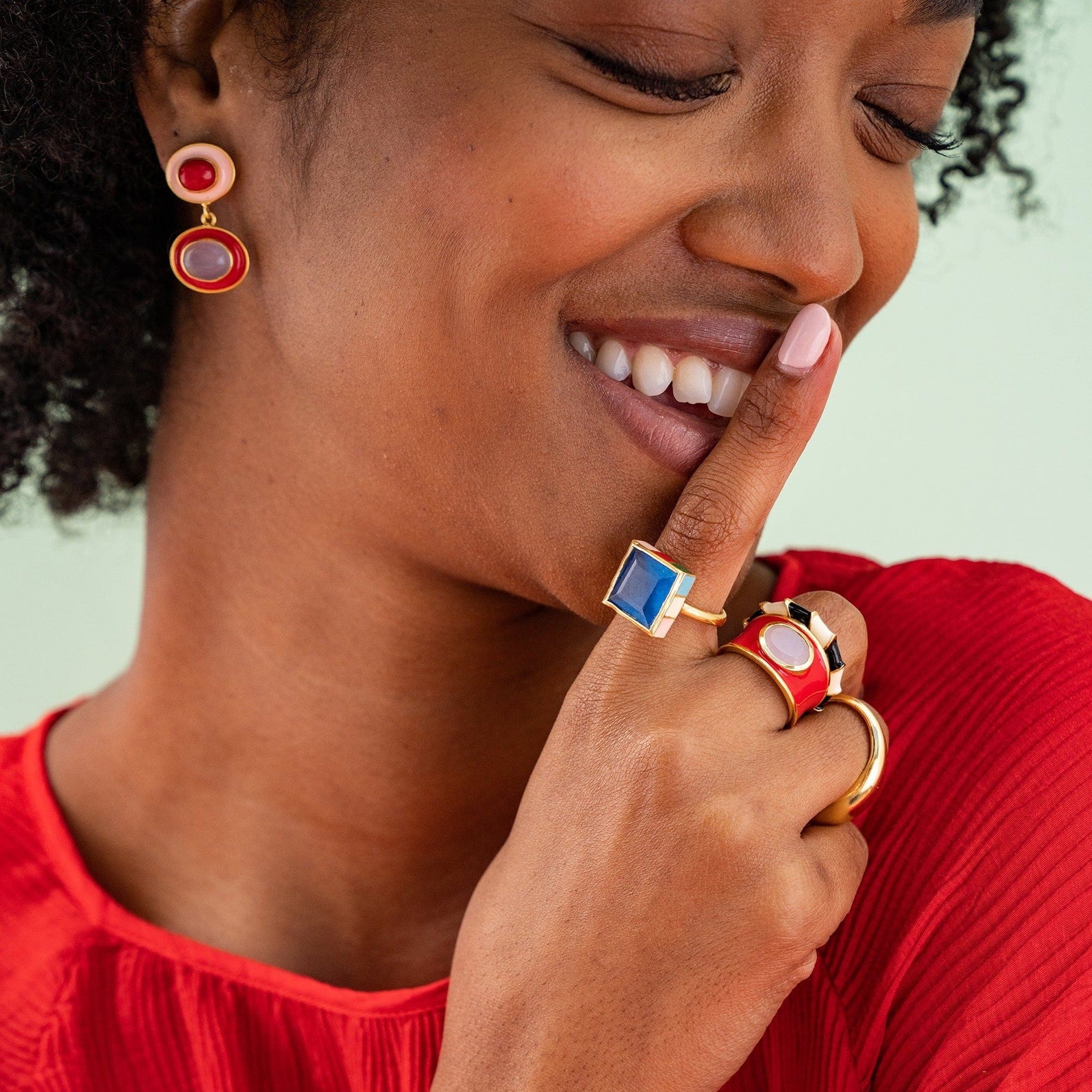 Marlowe Square Stone With Colorblock Enamel Border Ring Light Blue Wholesale