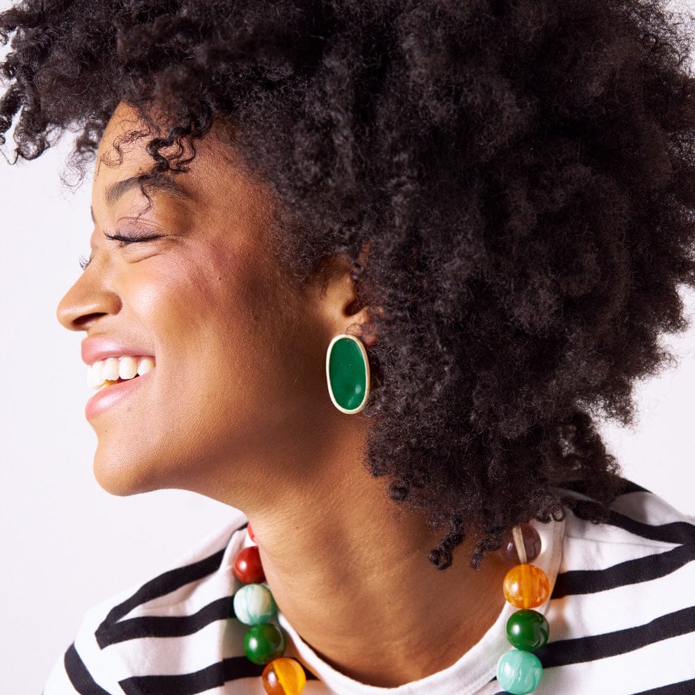 Alexis Oval Enamel Post Earrings Green Framed In Brass Wholesale