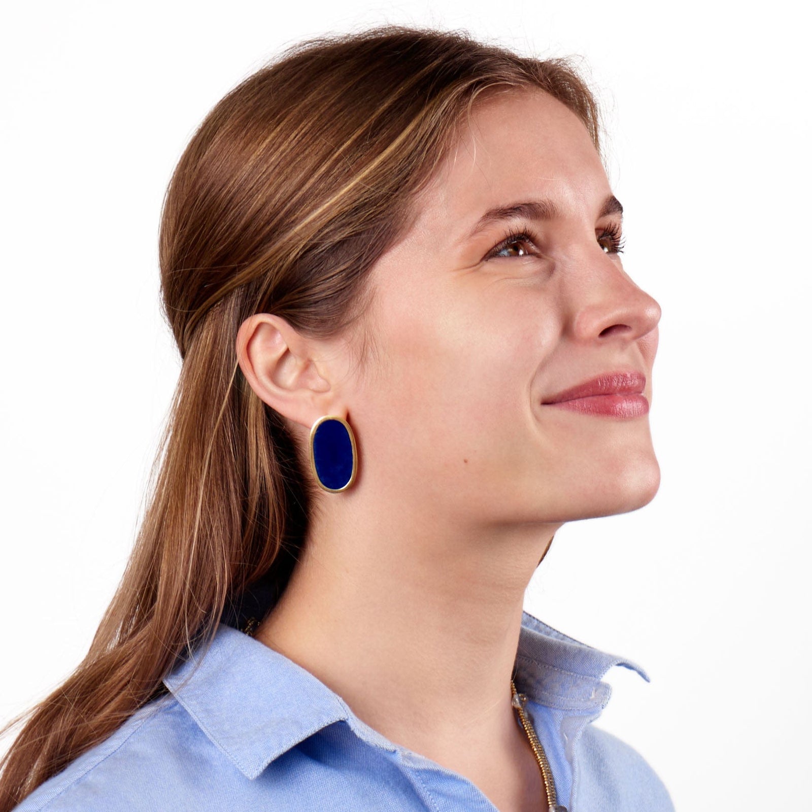 Alexis Oval Enamel Post Earrings Navy Framed In Brass Wholesale