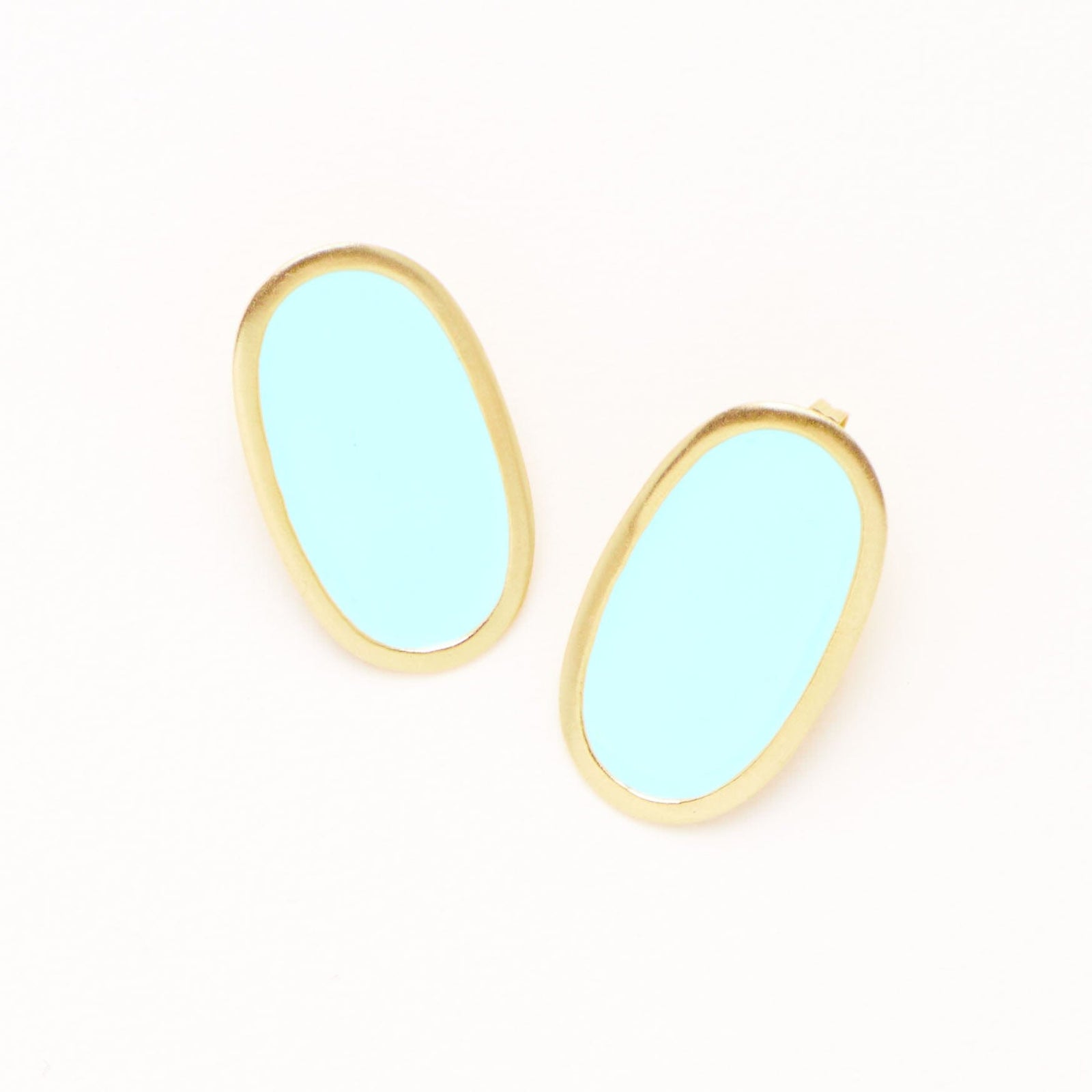 Alexis Oval Enamel Post Earrings Aqua Framed In Brass Wholesale