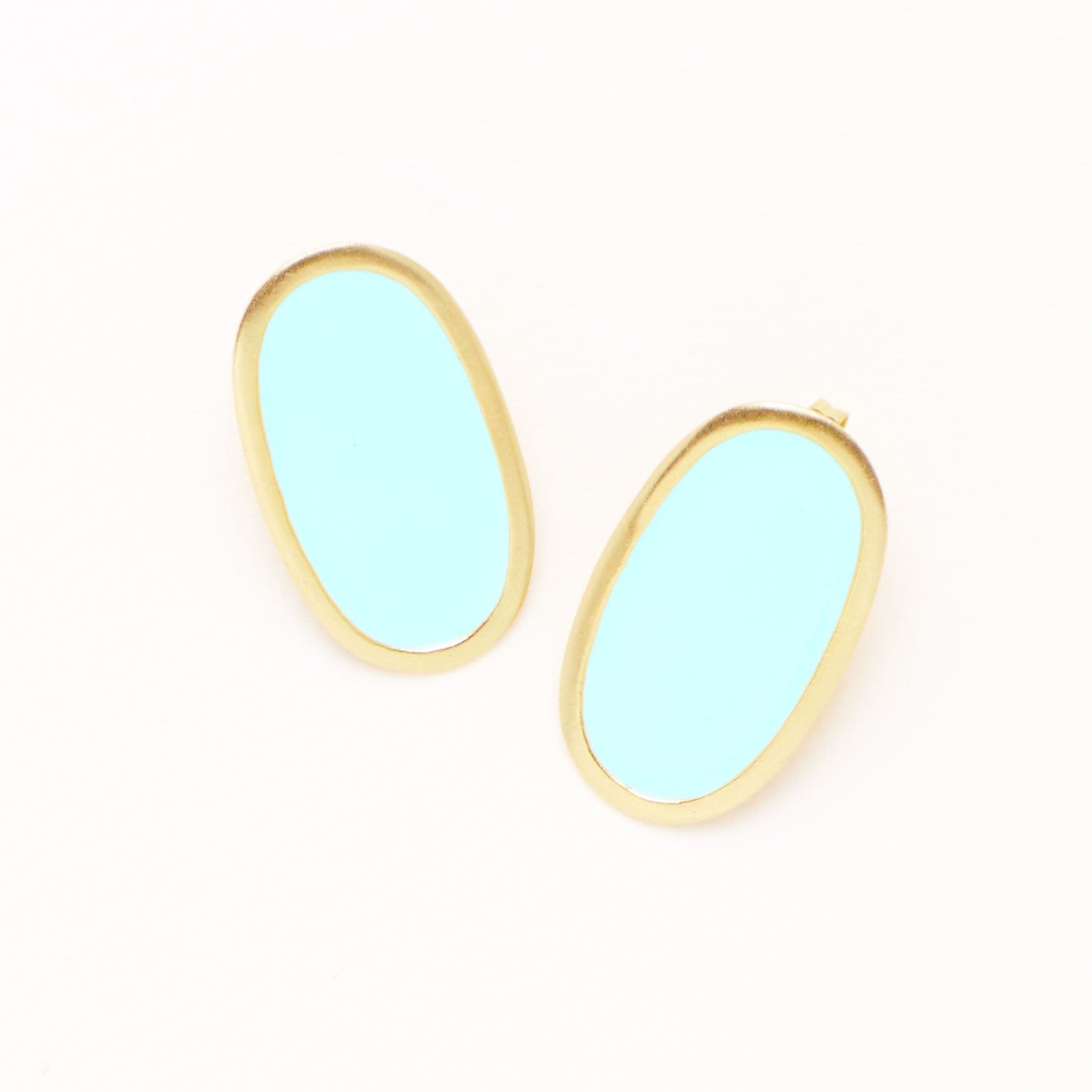 Alexis Oval Enamel Post Earrings Aqua Framed In Brass Wholesale