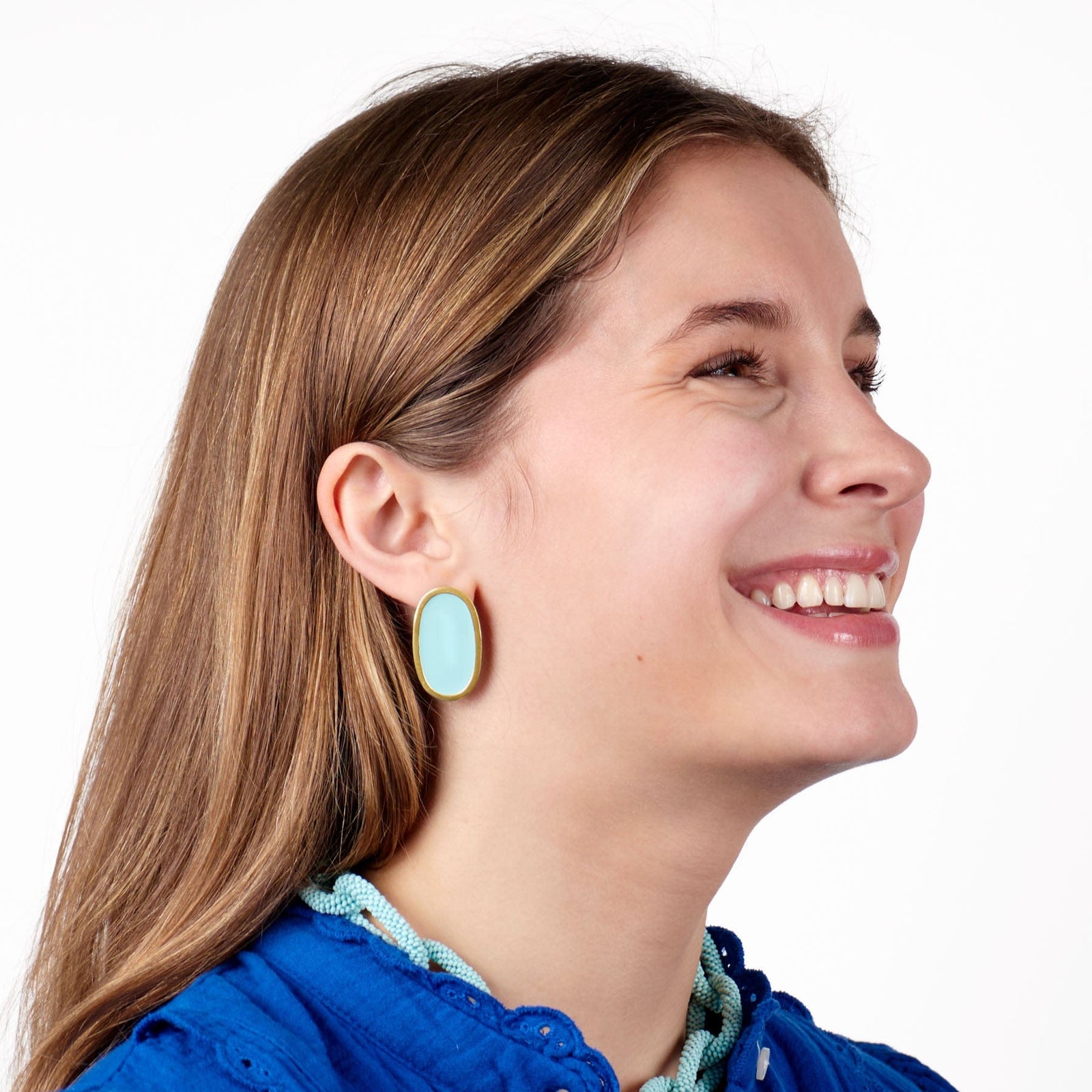 Alexis Oval Enamel Post Earrings Aqua Framed In Brass Wholesale