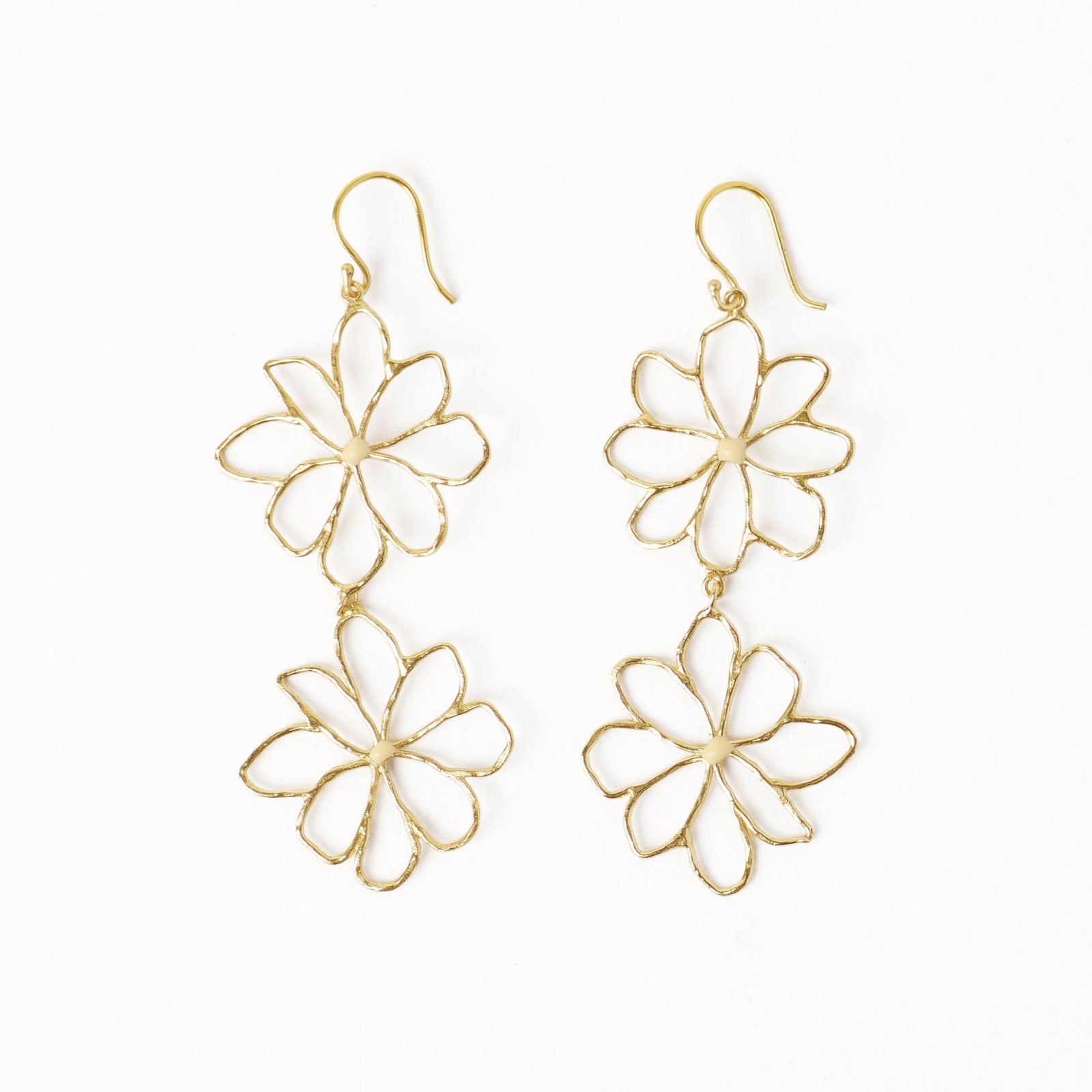 Farrah Double Flower Drop Earrings Brass With Ivory Enamel Centers Wholesale
