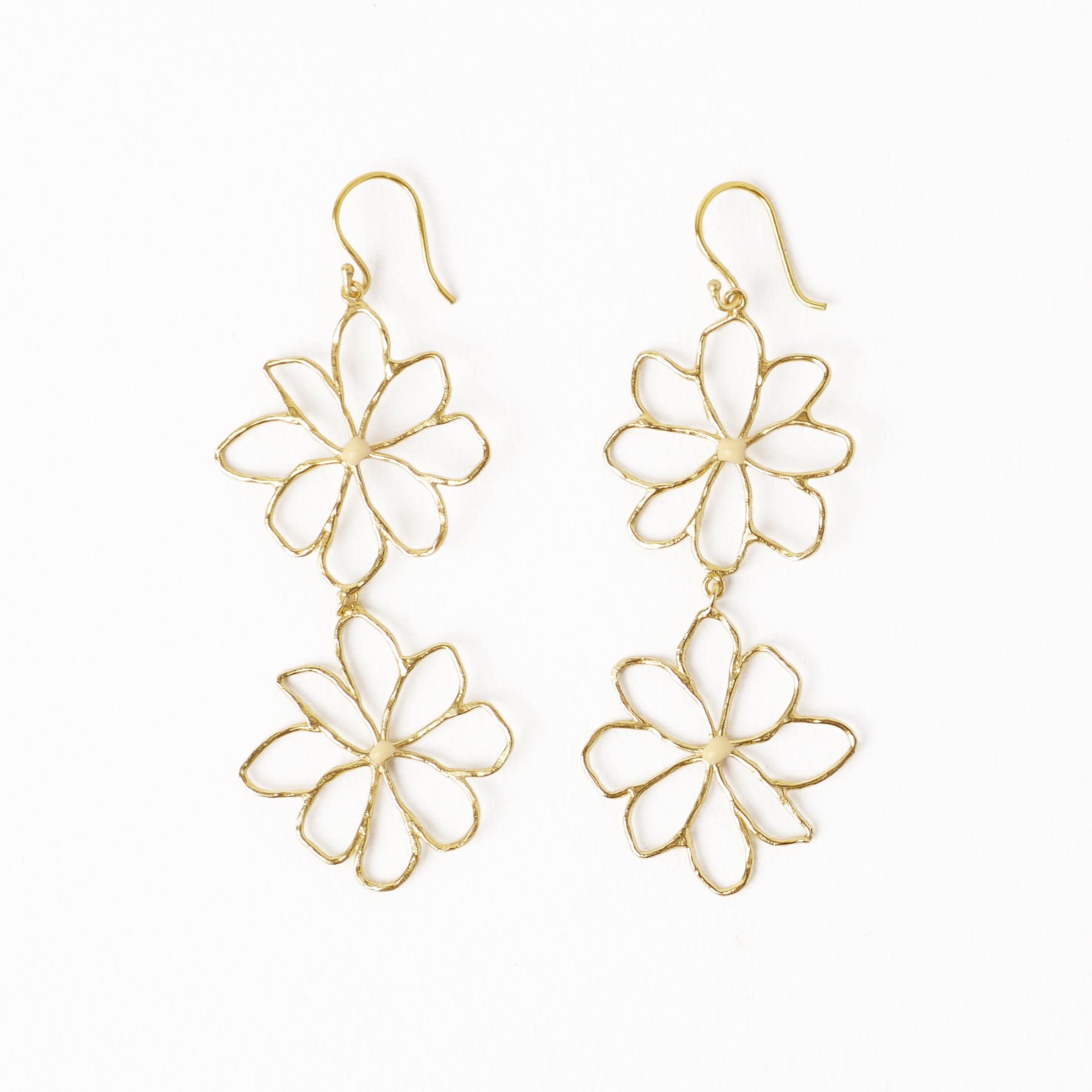 Farrah Double Flower Drop Earrings Brass With Ivory Enamel Centers Wholesale