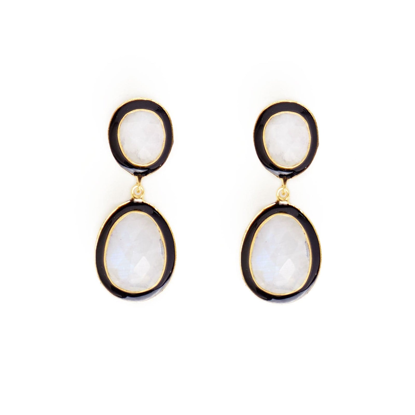 Elaine Semi-Precious Stone + Enamel Drop Earrings Black + Rainbow Moonstone Wholesale