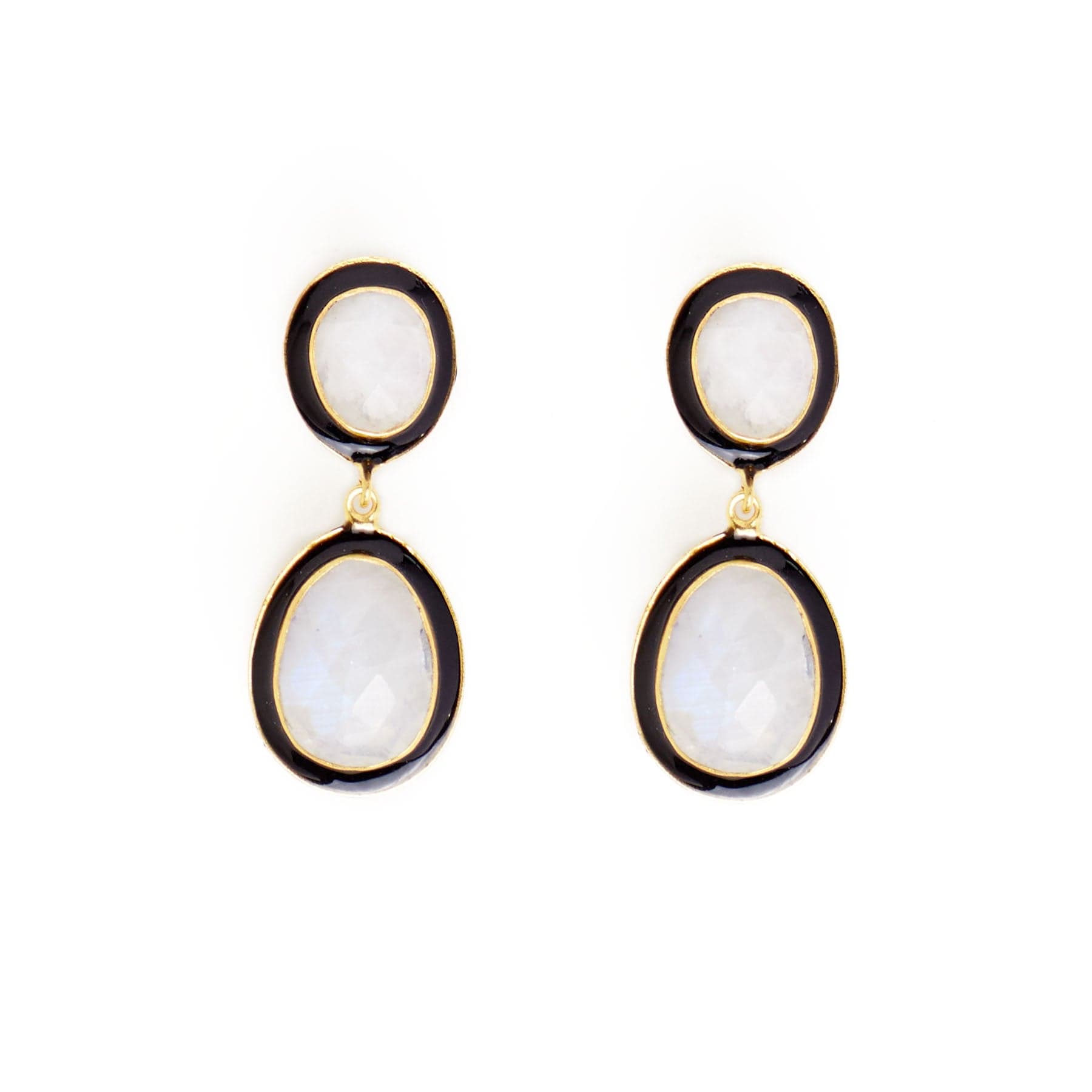 Elaine Semi-Precious Stone + Enamel Drop Earrings Black + Rainbow Moonstone Wholesale