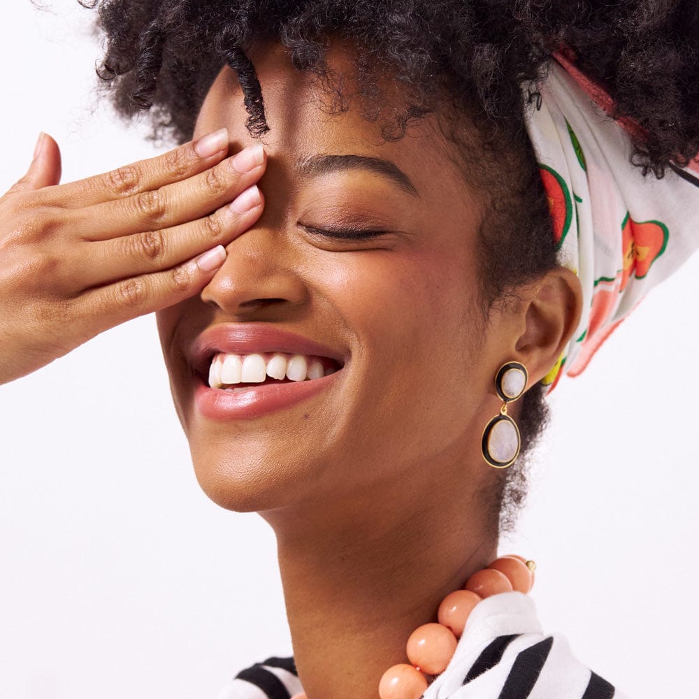 Elaine Semi-Precious Stone + Enamel Drop Earrings Black + Rainbow Moonstone Wholesale