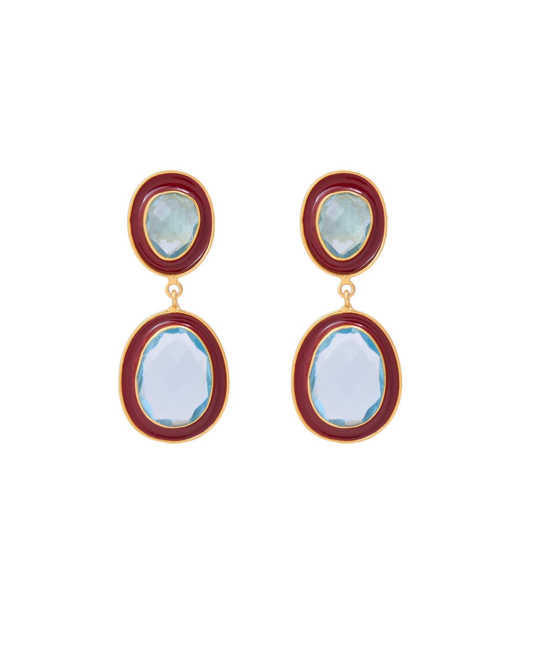 Elaine Semi-Precious Stone + Enamel Drop Earrings Maroon + Light Blue