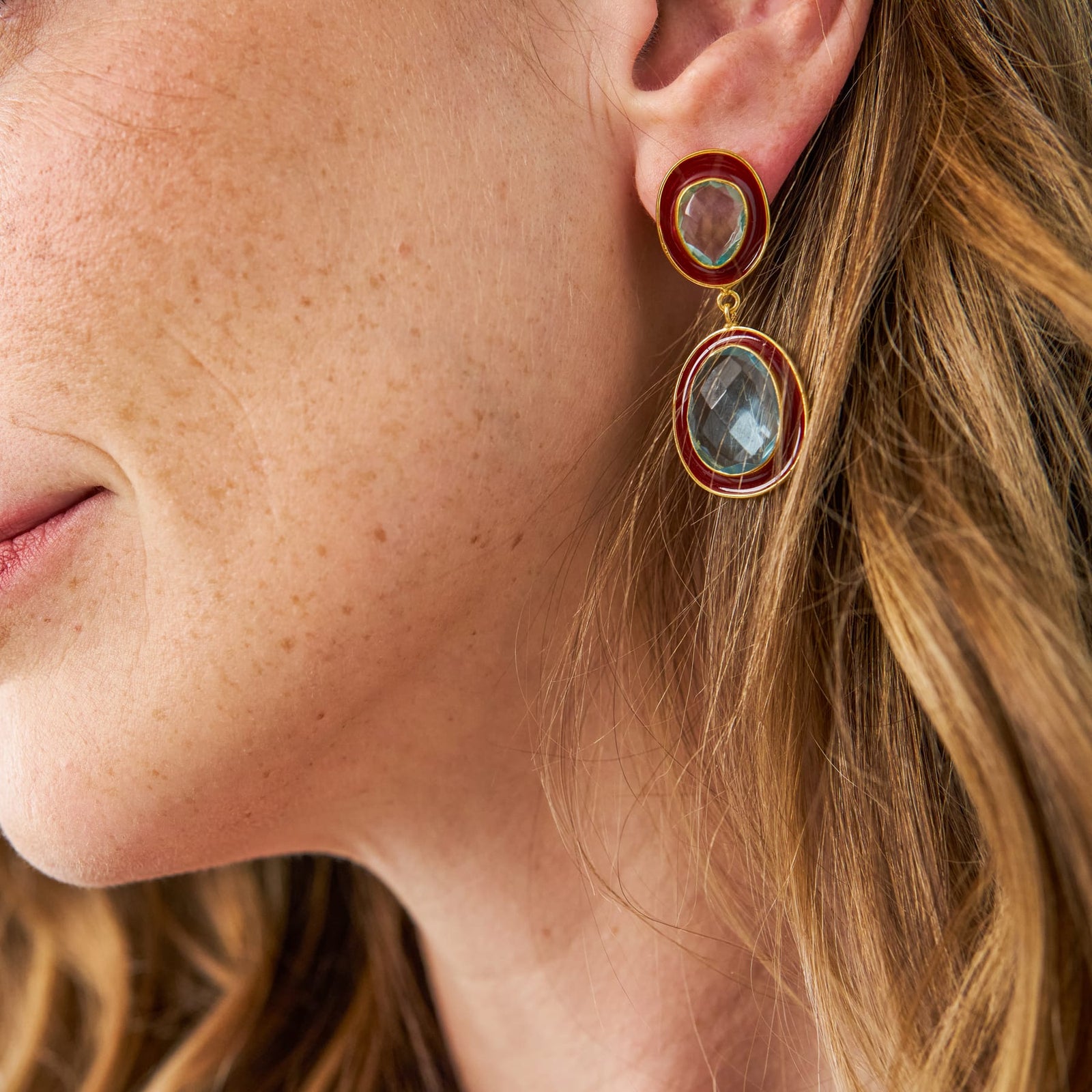 Elaine Semi-Precious Stone + Enamel Drop Earrings Maroon + Light Blue